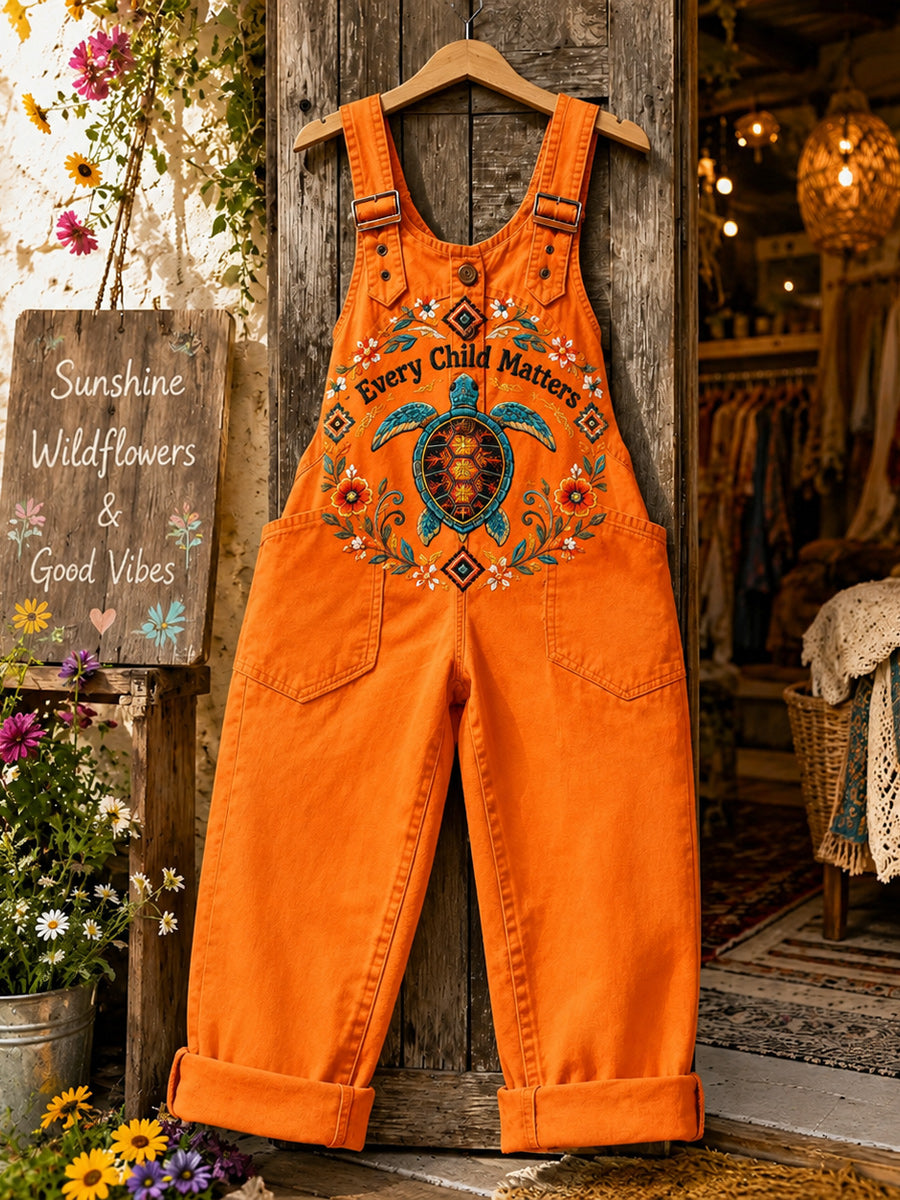 Women's Retro Style Art Print Washed Cotton Denim Patchwork Jumpsuit