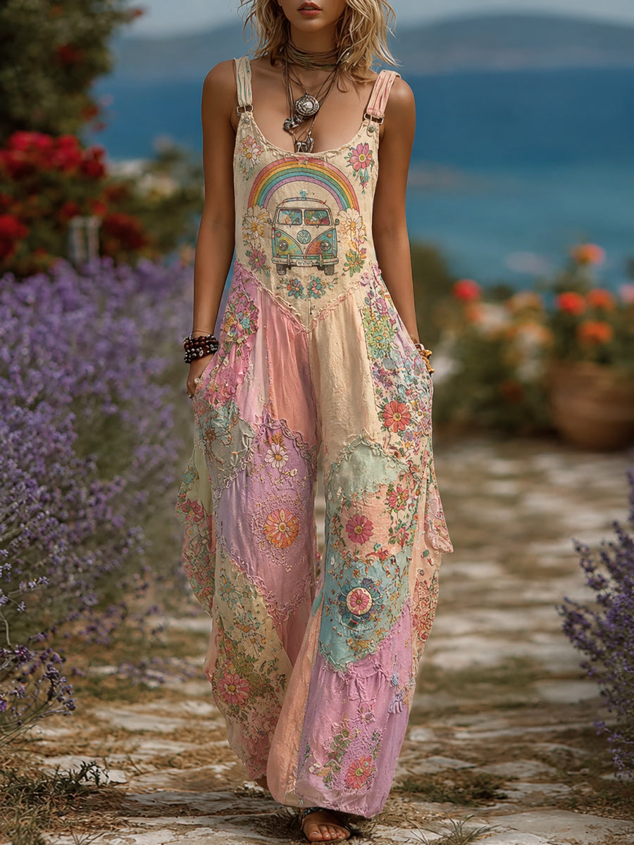 Women's Retro Style Art Print Washed Cotton Denim Patchwork Jumpsuit
