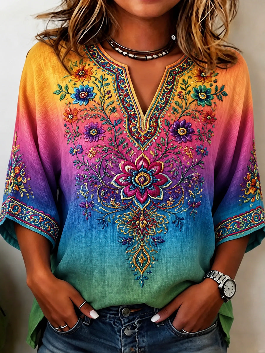 Retro Style Floral Art Printed Vintage V-Neck Casual Elbow Sleeve Top