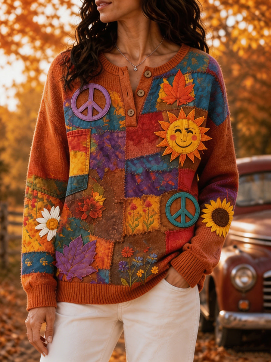 Women's Retro Autumn Art Print Knit Sweater