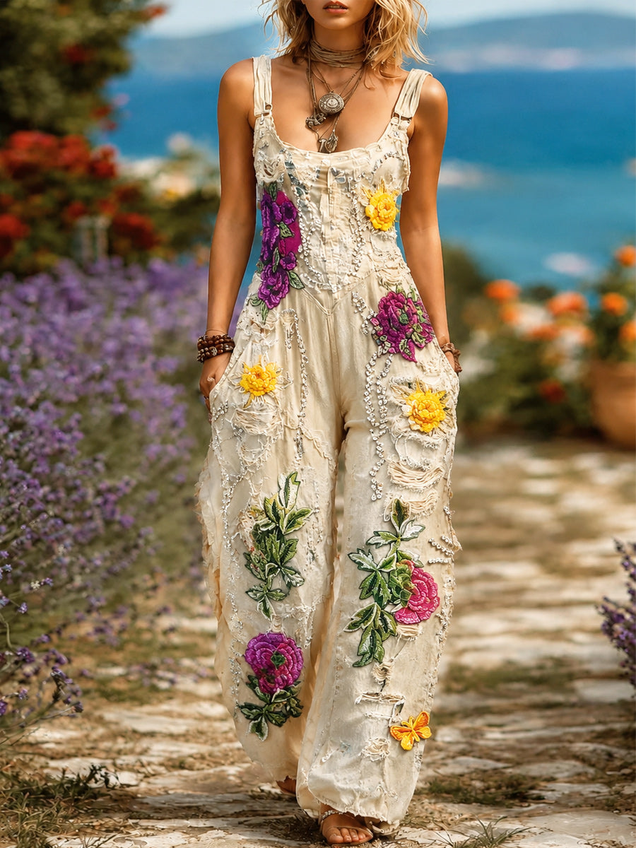 Women's Retro Style Art Print Washed Cotton Denim Patchwork Jumpsuit