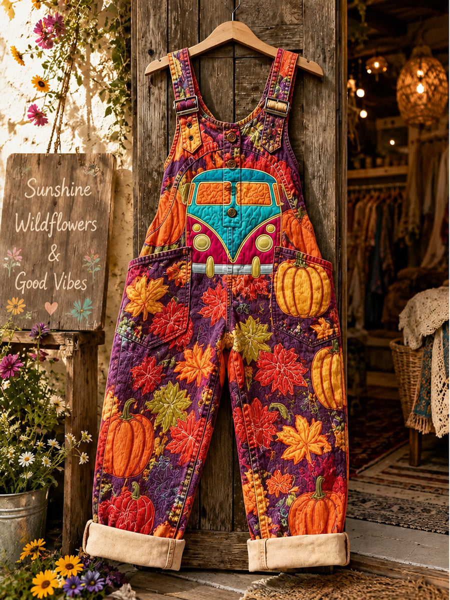 Women's Retro Style Art Print Washed Cotton Denim Patchwork Jumpsuit