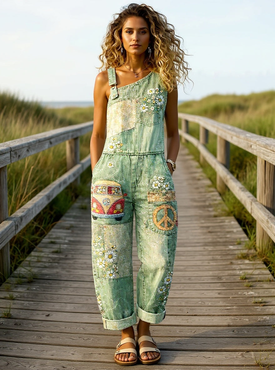 Women's Retro Style Floral Art Print Washed Cotton Denim Patchwork Sleeveless Jumpsuit