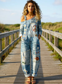 Women's Retro Floral Color-Blocked Art Print Washed Cotton Denim Patchwork Jumpsuit