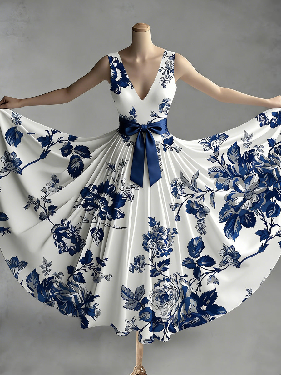 Retro Style Art Print V-Neck Sleeveless Cotton Maxi Dress