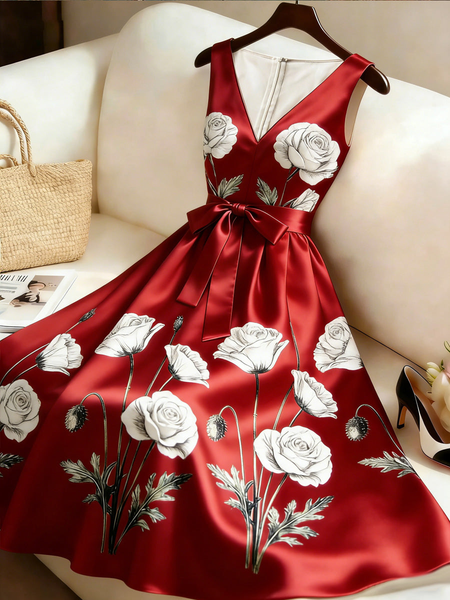 Retro Style Floral Art Print V-Neck Sleeveless Cotton Maxi Dress