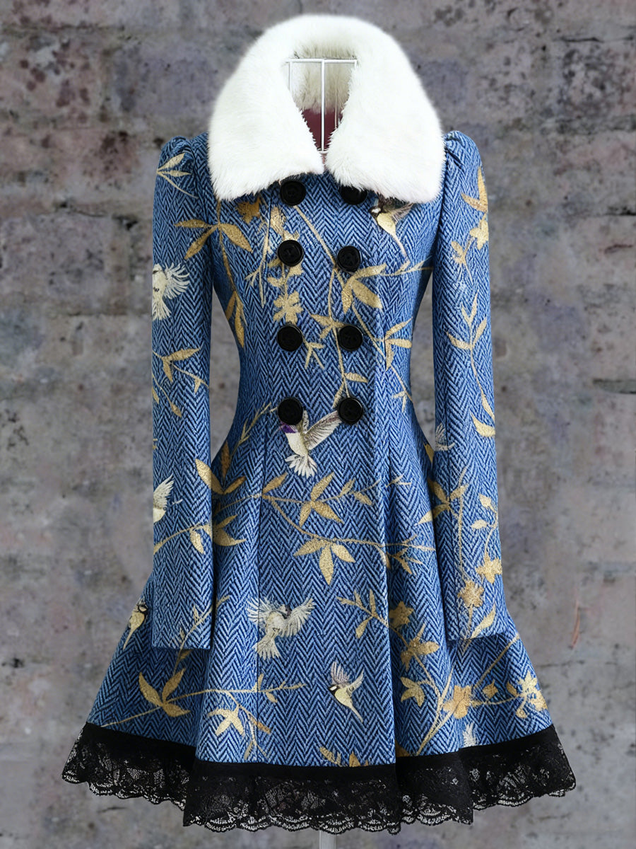 Retro Floral Art Print Vintage Elegance Fur Collar Button Up Long Sleeve Midi Dress