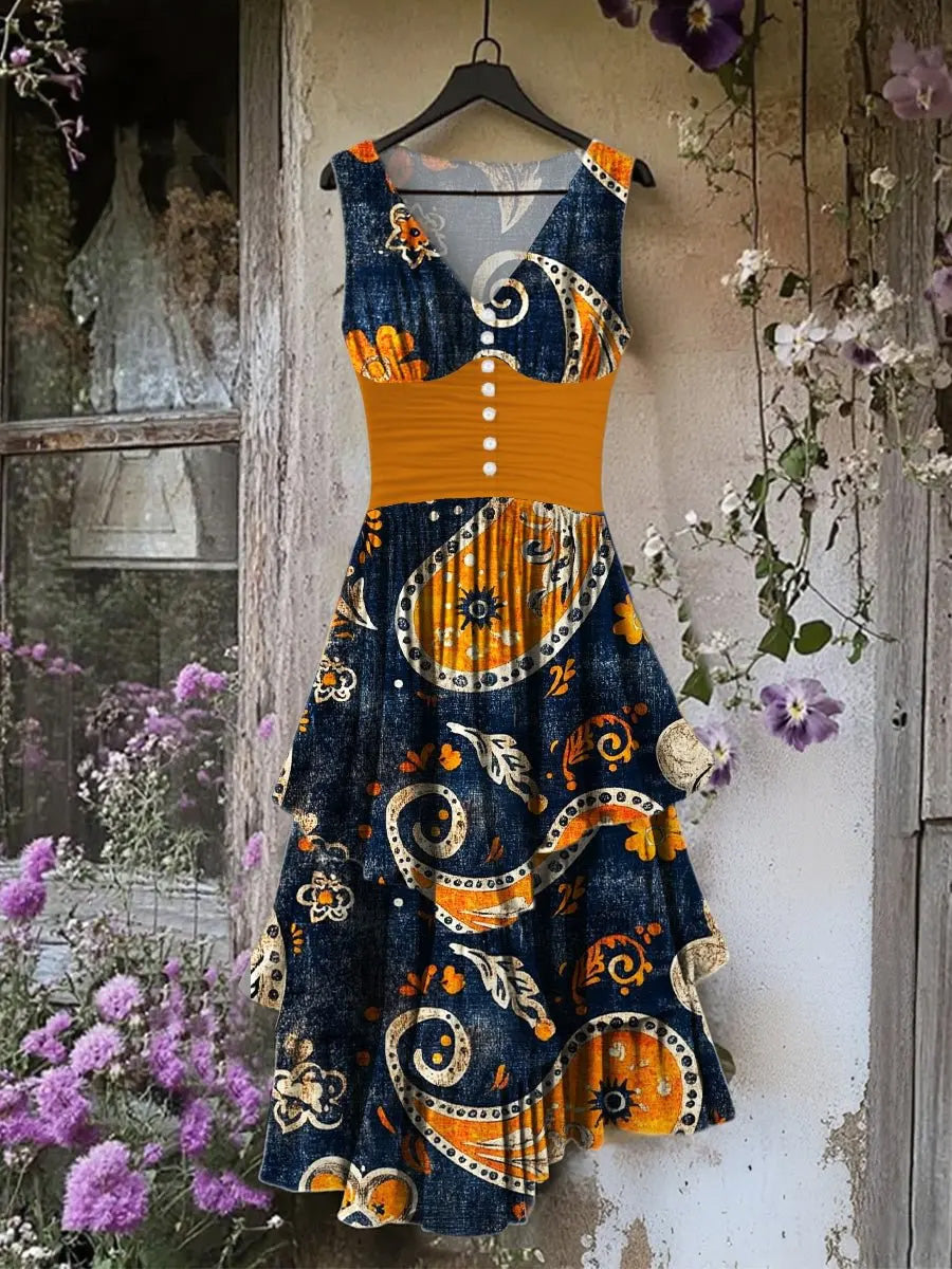 Retro Floral Art Print Vintage V-Neck Button Up Midi Dress