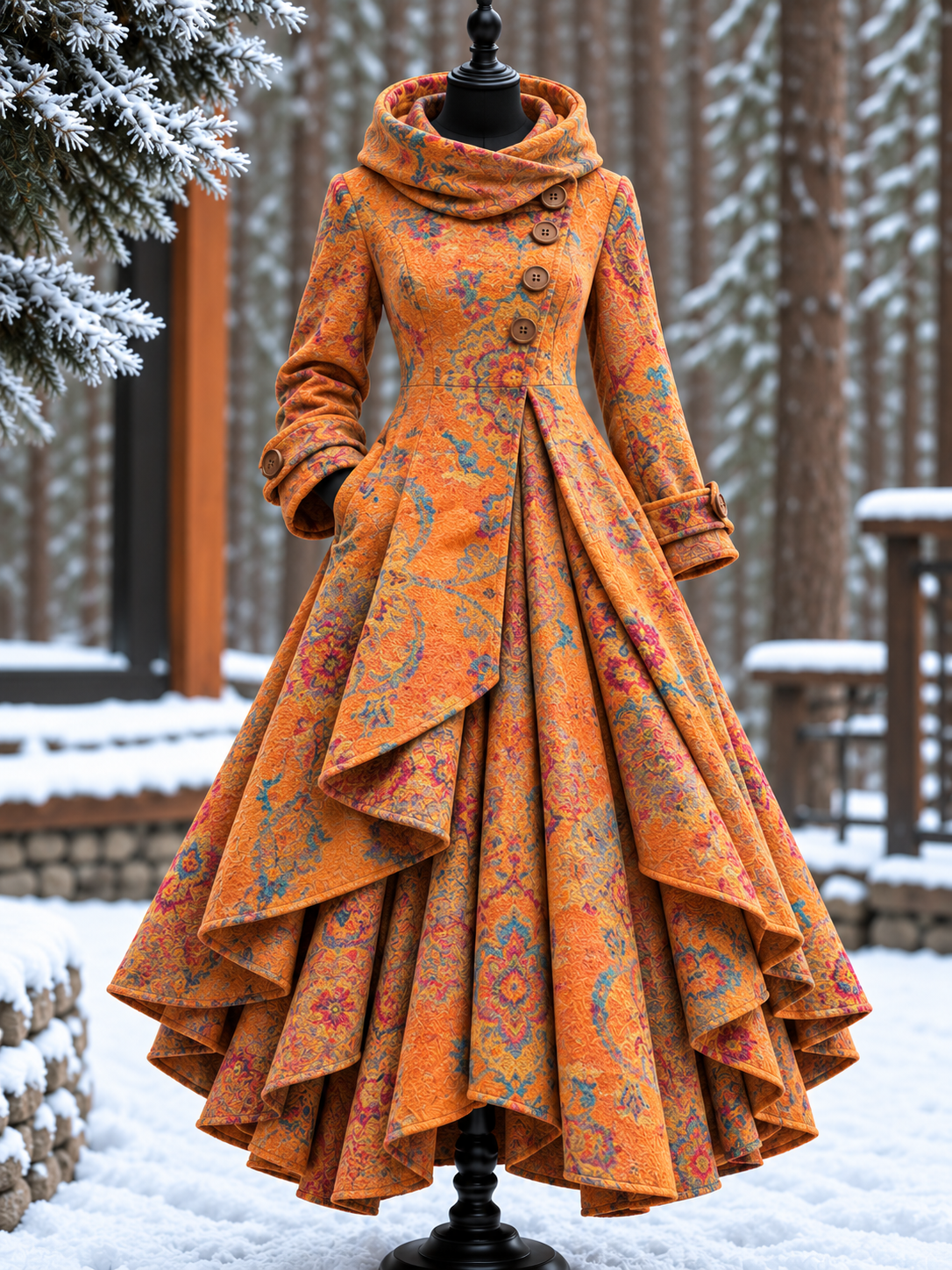 Women’s Vintage High-Collar Asymmetrical Double-Layer Hem Long Maxi Coat