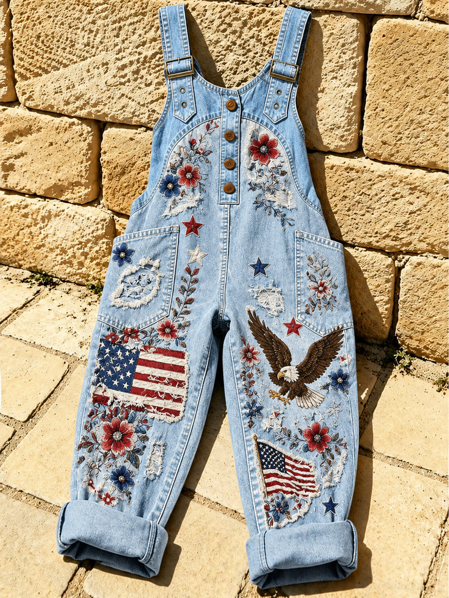 Women's Retro Style Print Washed Cotton Denim Patchwork Jumpsuit