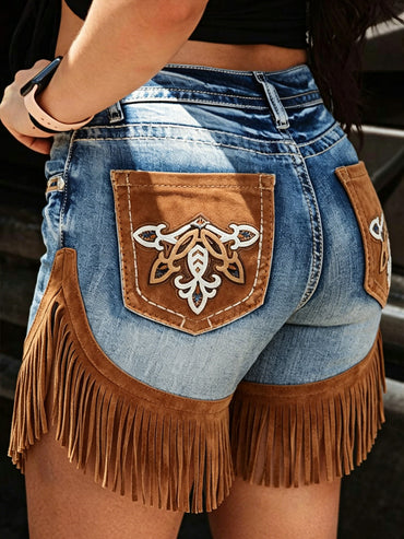 Women's Retro Floral Art Print Casual Leather Fringe Patchwork Pocket Shorts