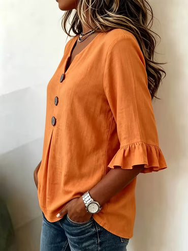 Women'S Plus Size Casual V-Neck 3-Button Loose Casual Shirt