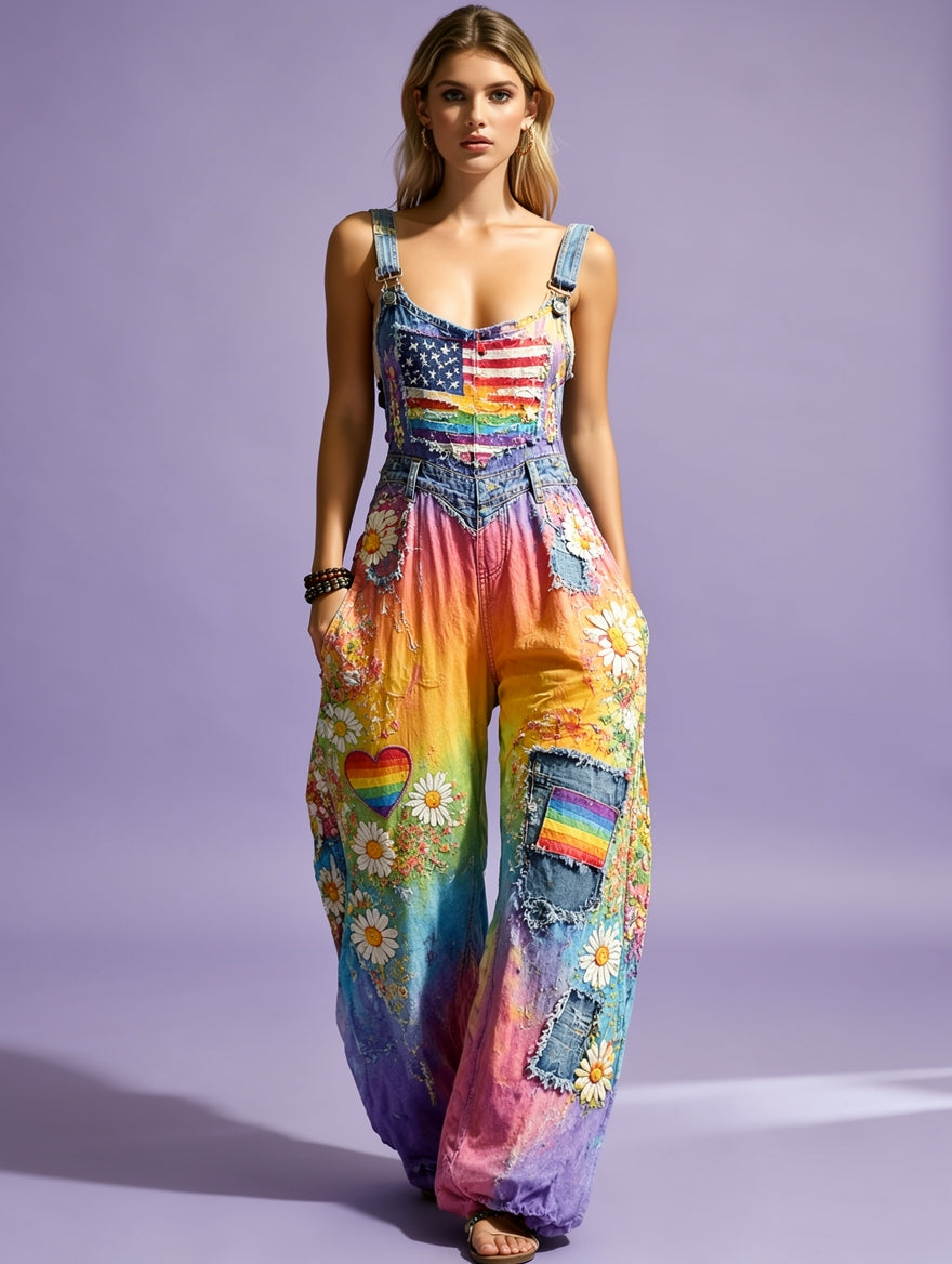Women's Retro Style Art Print Washed Cotton Denim Patchwork Jumpsuit