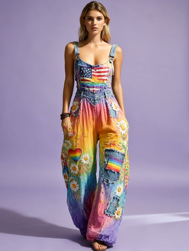 Women's Retro Style Art Print Washed Cotton Denim Patchwork Jumpsuit