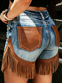 Women's Retro Floral Art Print Casual Leather Fringe Patchwork Pocket Shorts