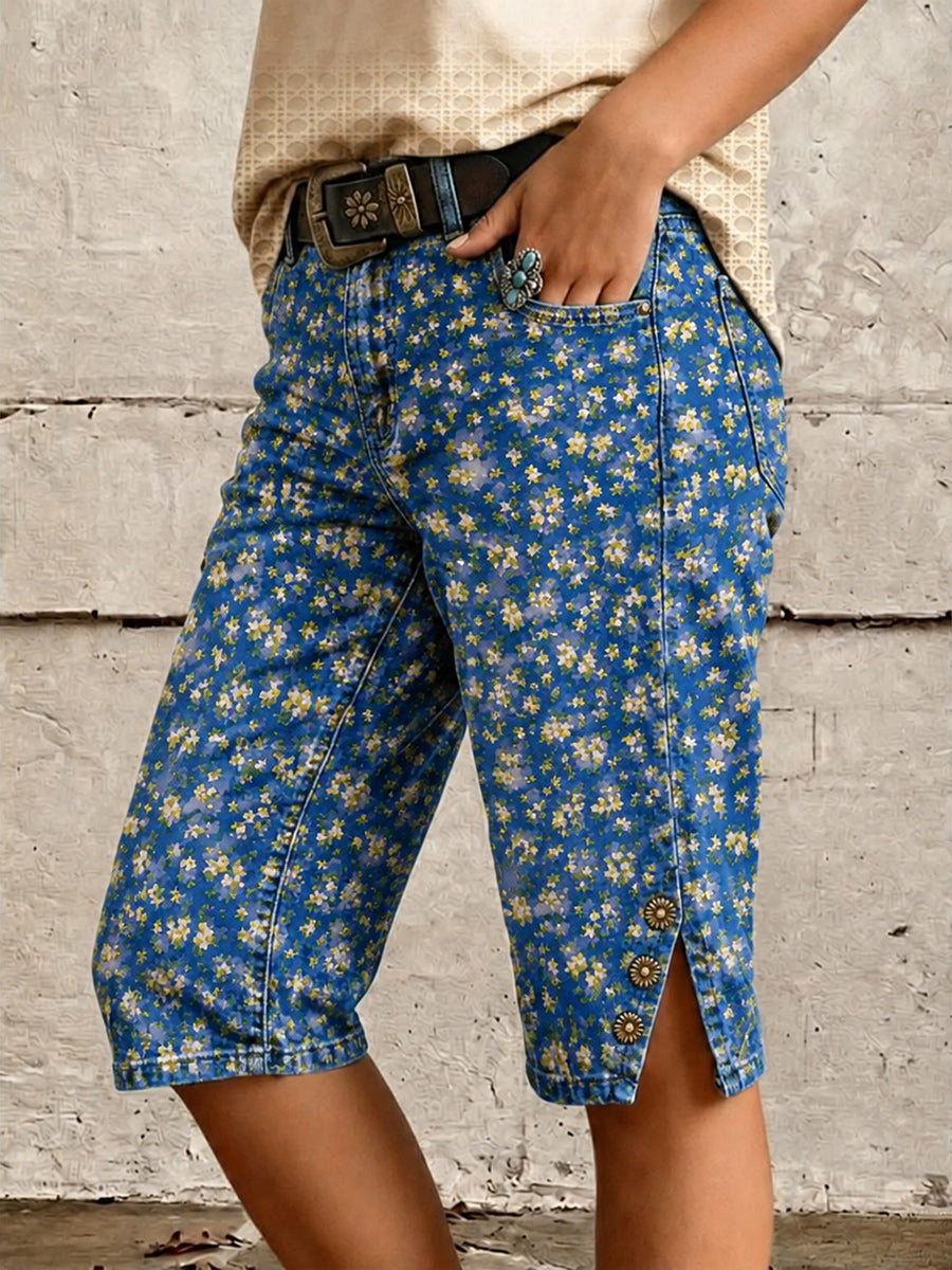 Retro Style Floral Art Print Vintage Casual Denim Shorts