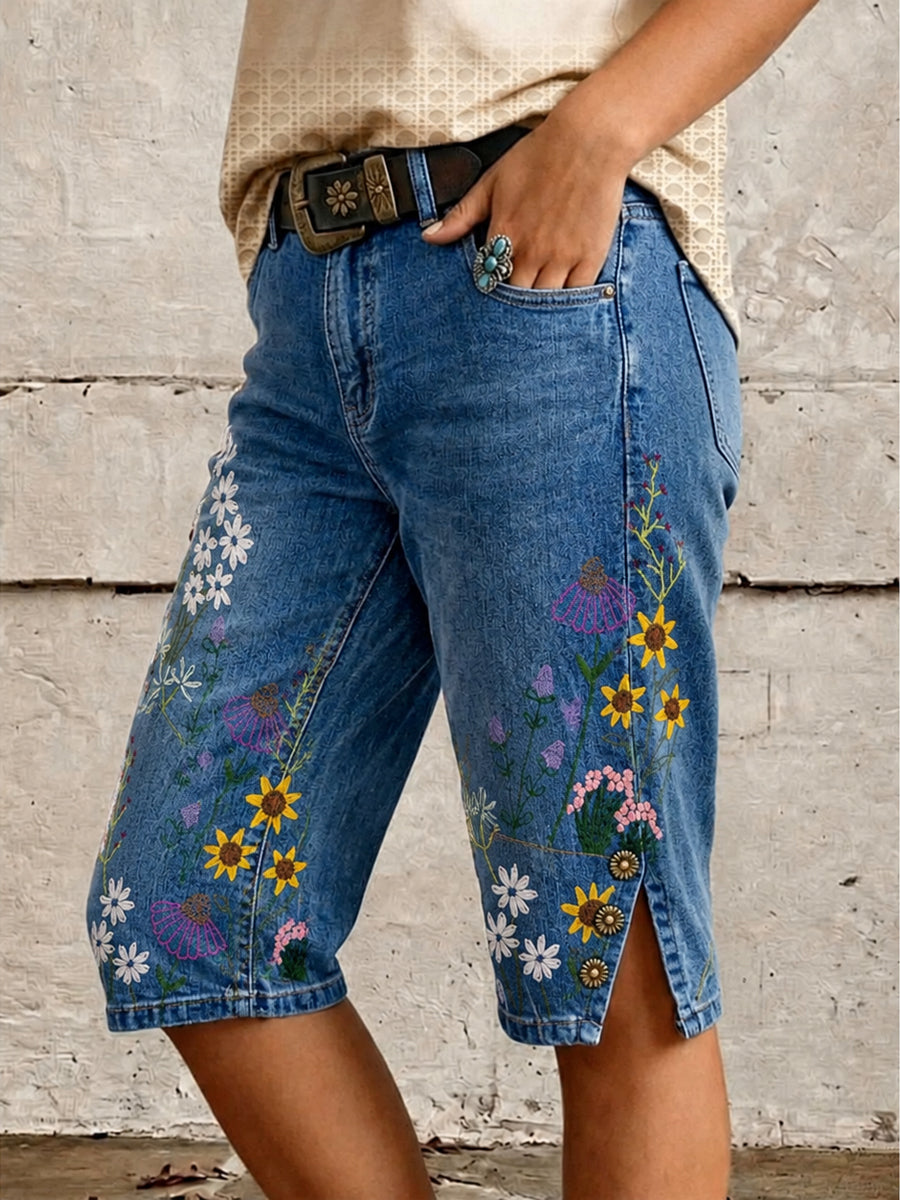 Retro Style Floral Art Print Vintage Casual Denim Shorts
