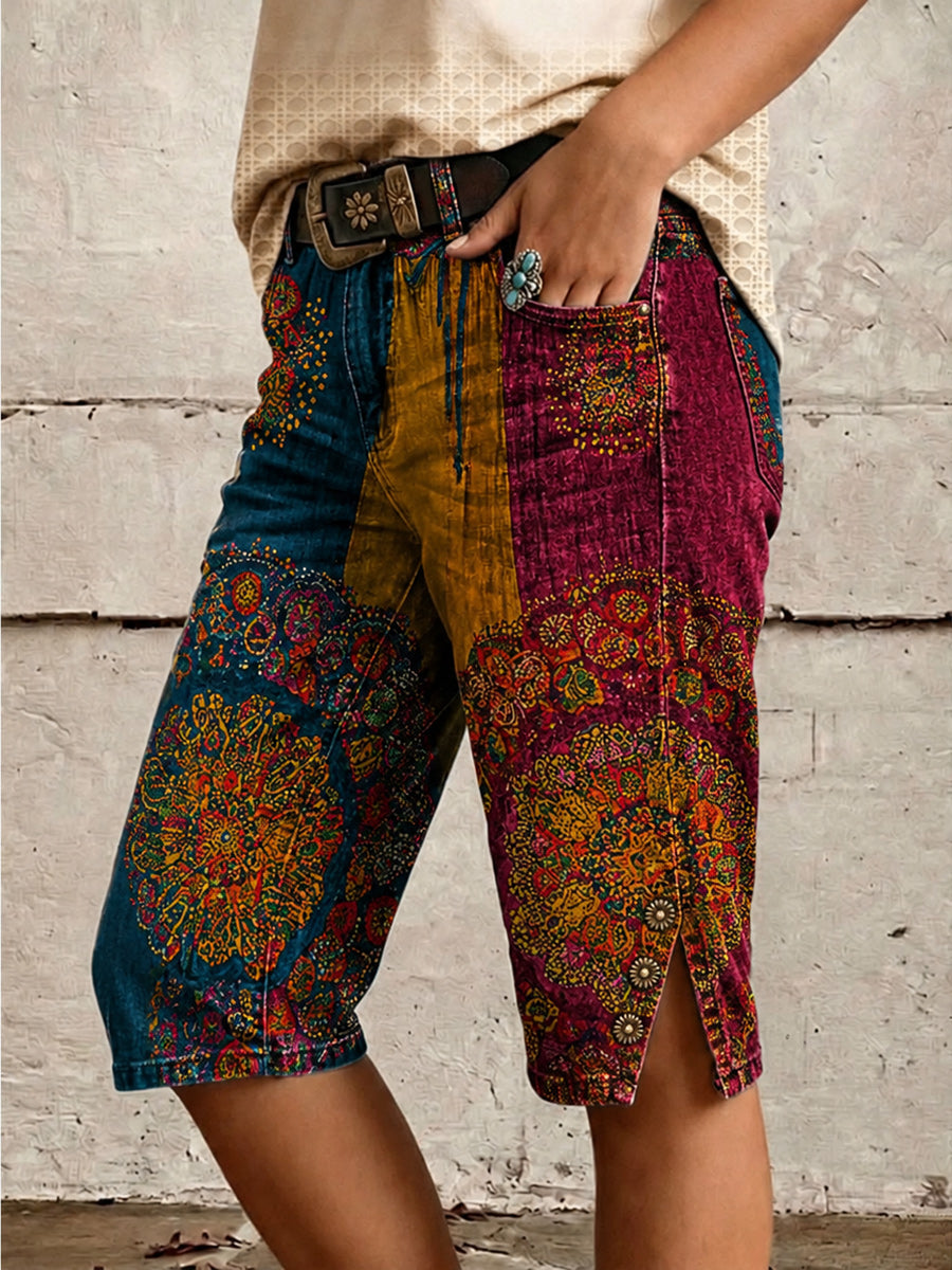 Retro Style Floral Art Print Vintage Casual Denim Shorts