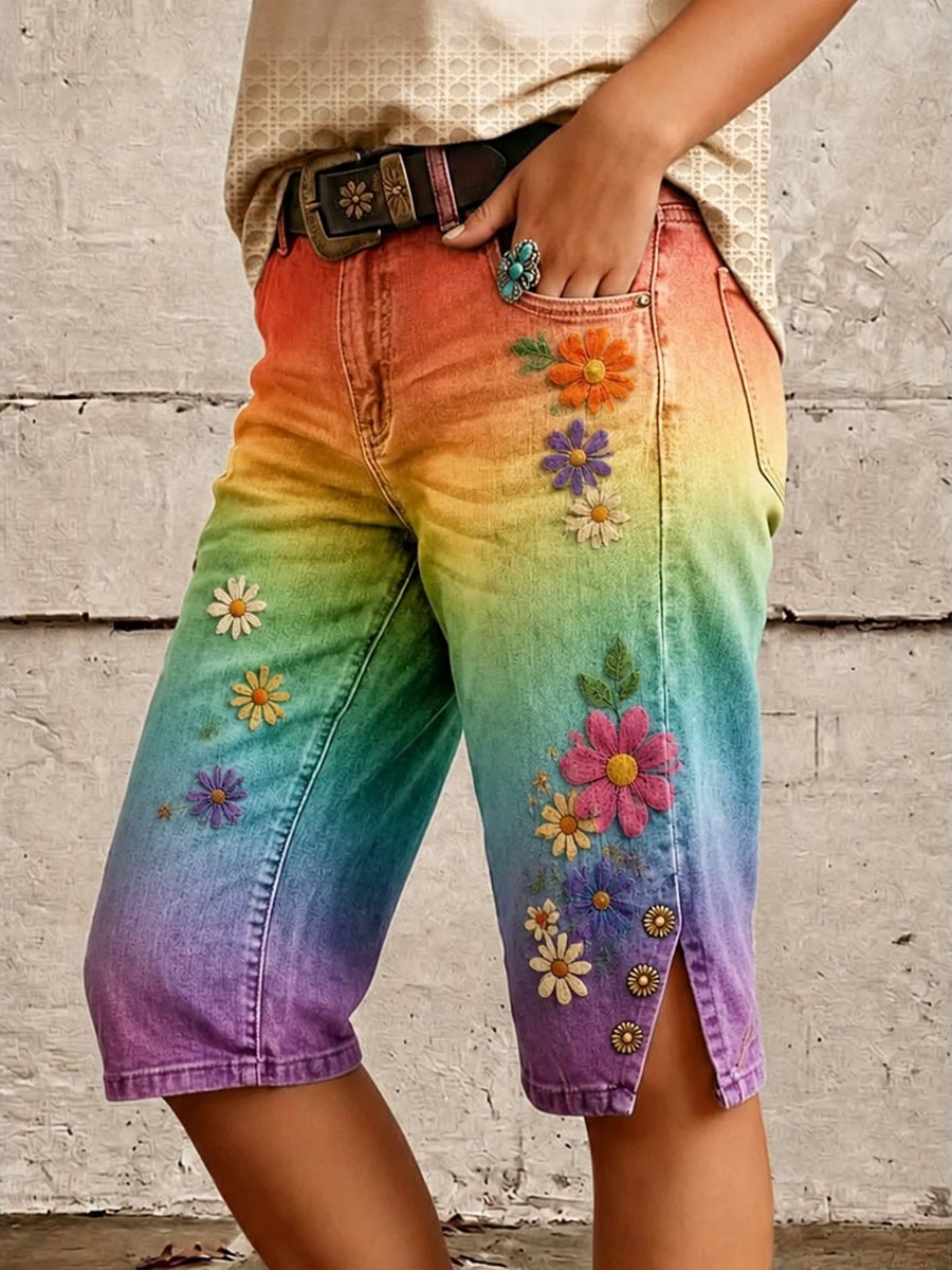 Retro Style Floral Art Print Vintage Casual Denim Shorts