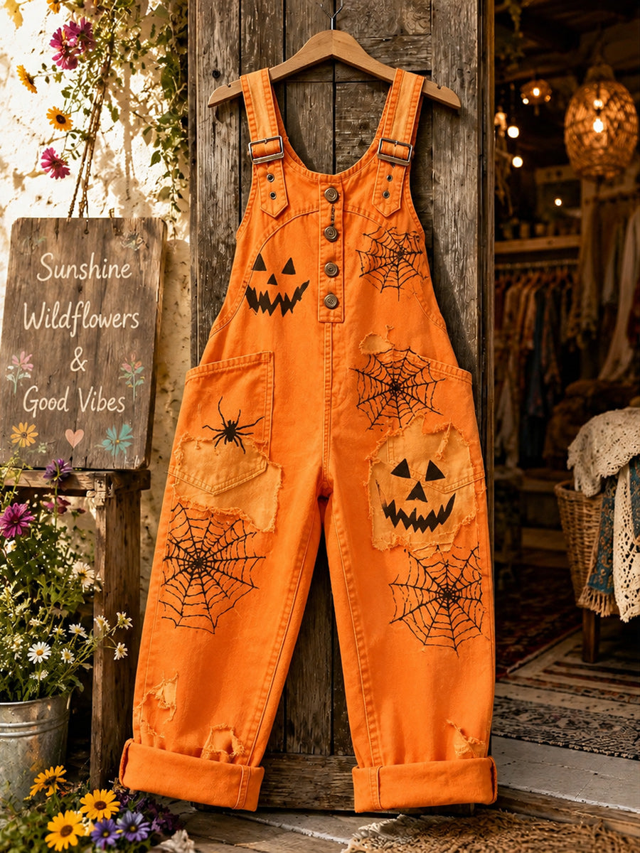 Women's Retro Style Art Print Washed Cotton Denim Patchwork Jumpsuit