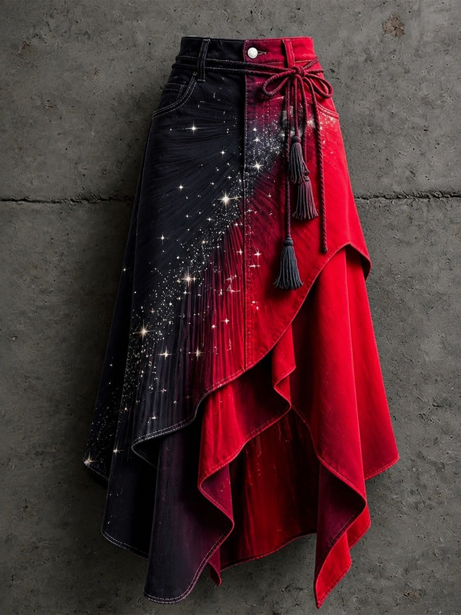 Women's Retro Style Art Print Irregularly Layered Stitched Skirt