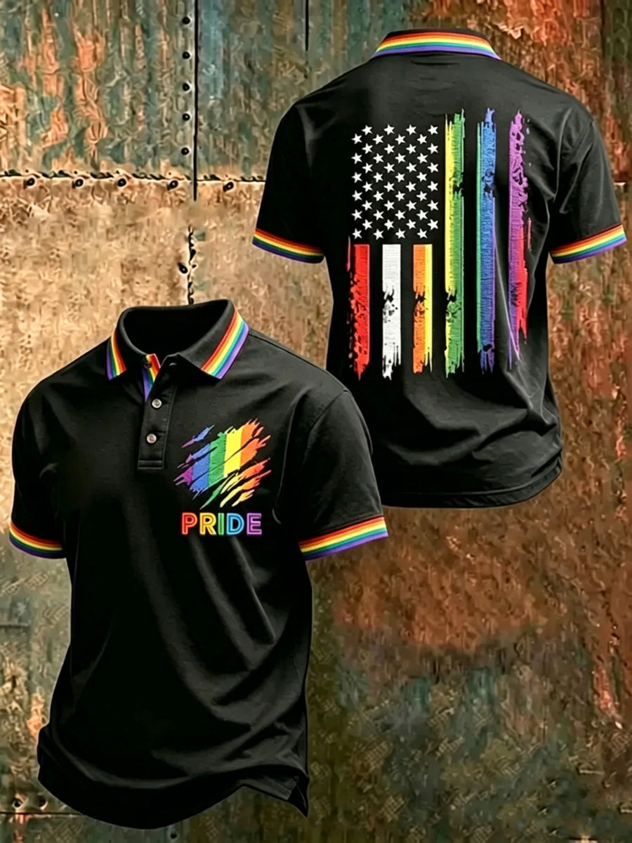 Retro Pride Month Rainbow Art Printed Retro Round Neck Short Sleeves Polo-Shirt