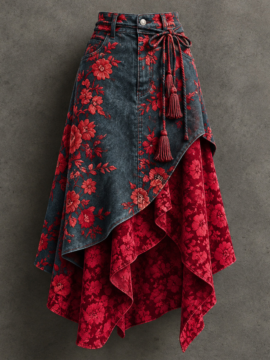 Women's Retro Style Art Print Irregularly Layered Stitched Skirt