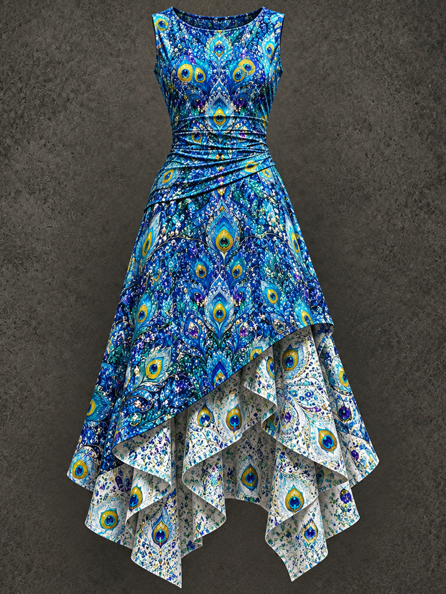 Retro Art Printed Vintage Sleeveless Irregularly Layered Stitched Midi Dress