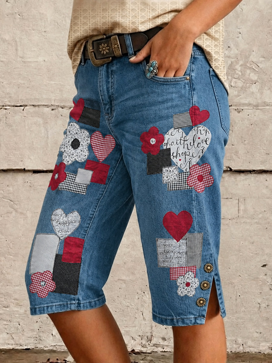 Retro Style Floral Art Print Vintage Casual Denim Shorts