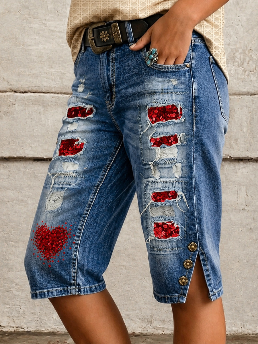 Retro Style Floral Art Print Vintage Casual Denim Shorts
