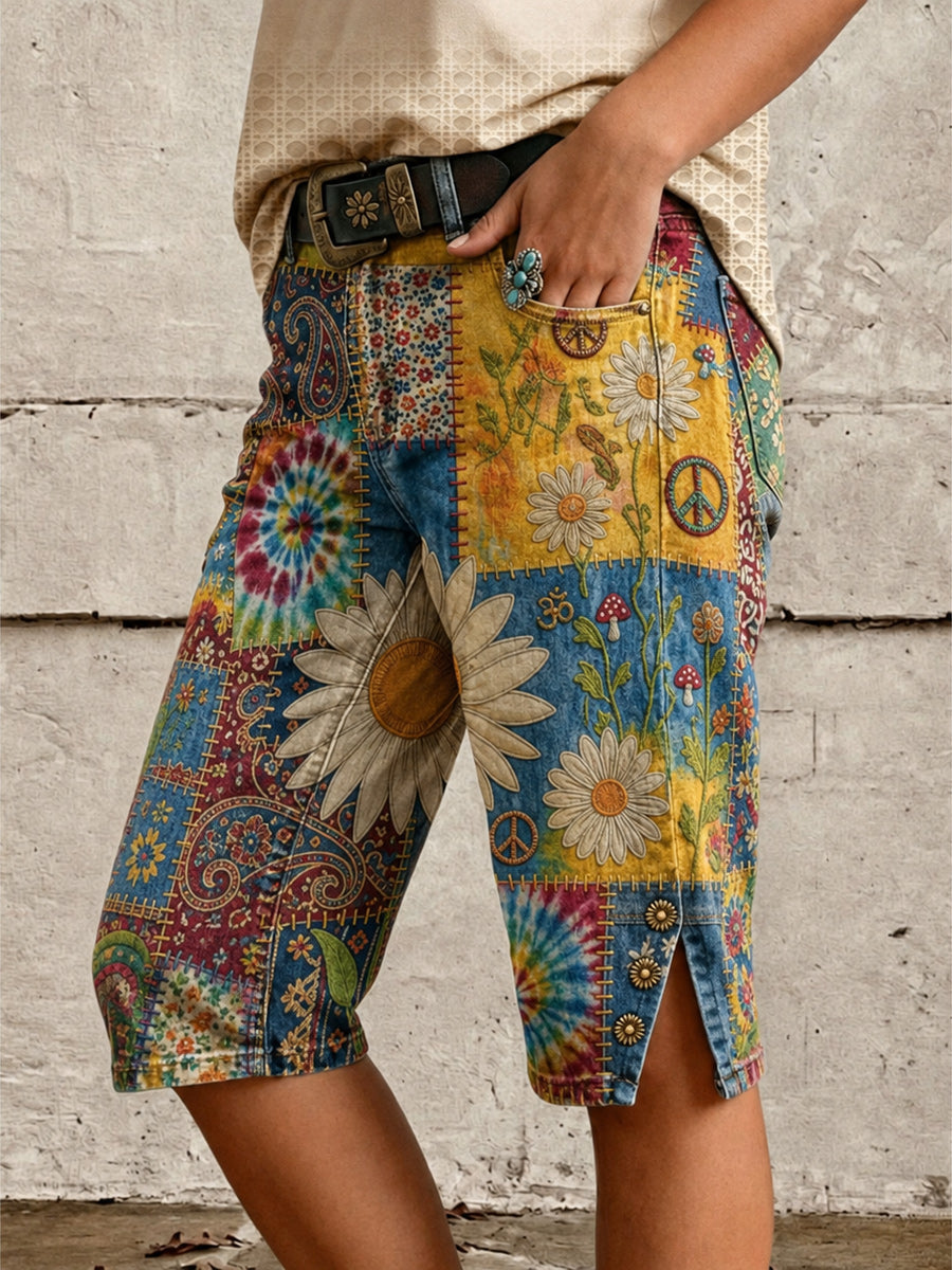 Retro Style Floral Art Print Vintage Casual Denim Shorts