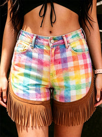 Women's Retro Floral Art Print Casual Leather Fringe Patchwork Pocket Shorts