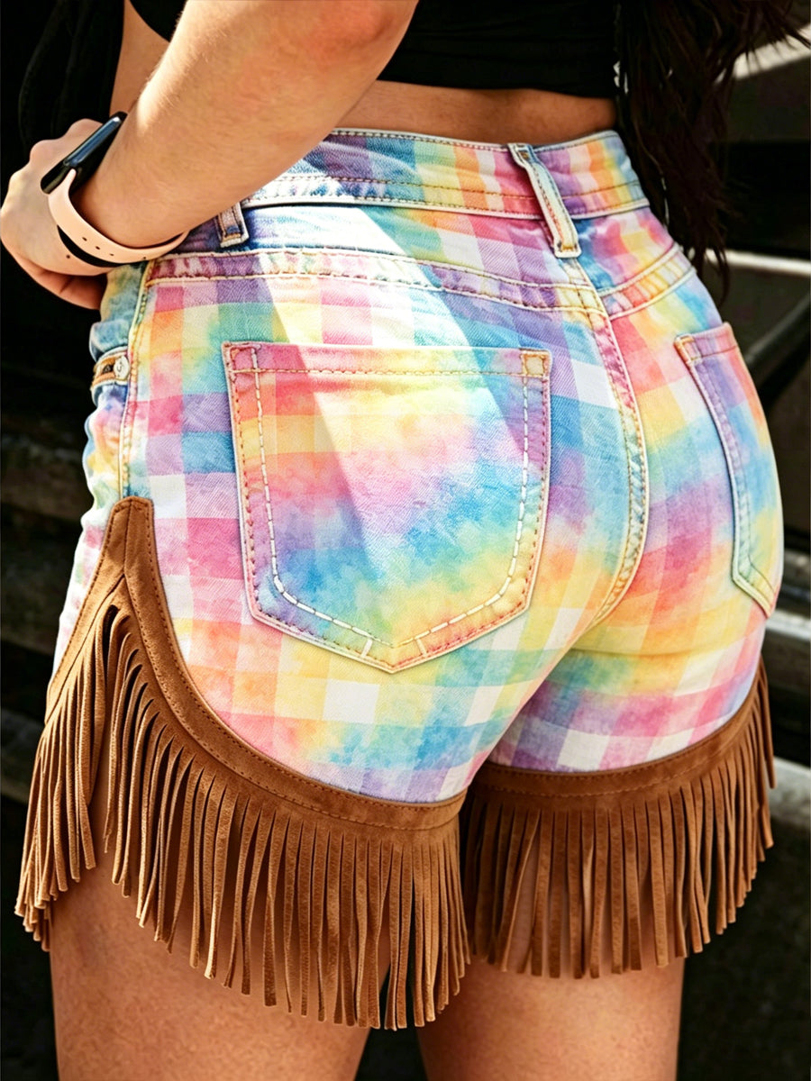 Women's Retro Floral Art Print Casual Leather Fringe Patchwork Pocket Shorts