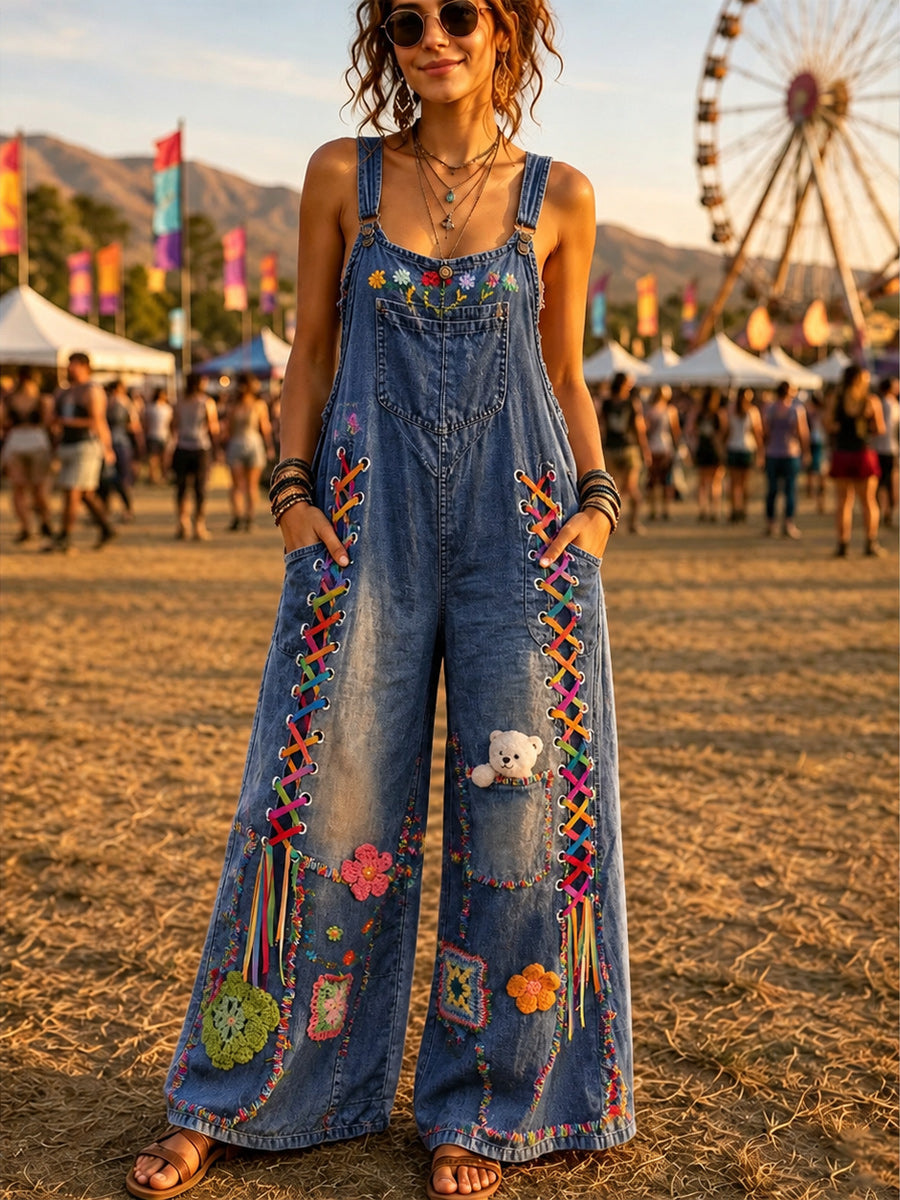 Women's Retro Style Art Print Washed Cotton Denim Patchwork Jumpsuit