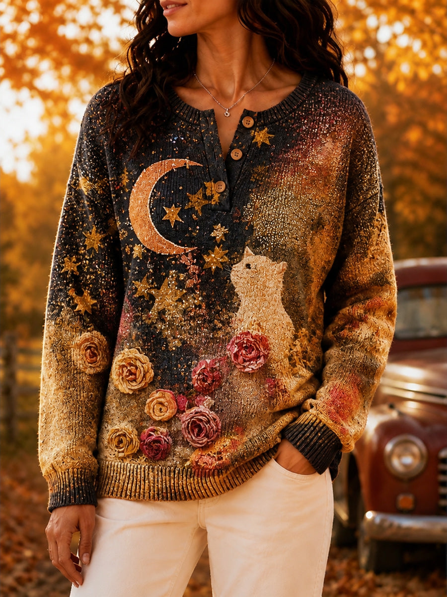 Women's Retro Autumn Art Print Knit Sweater