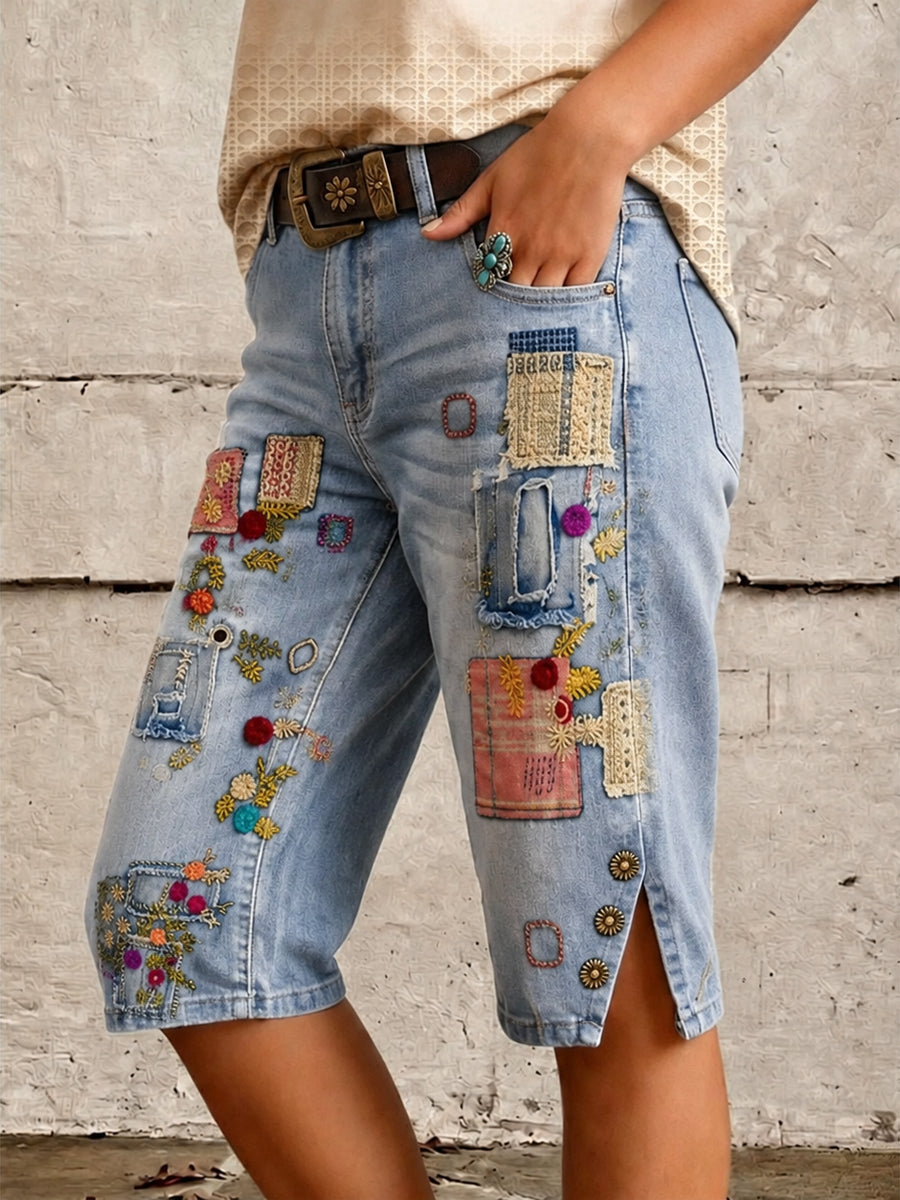 Retro Style Floral Art Print Vintage Casual Denim Shorts