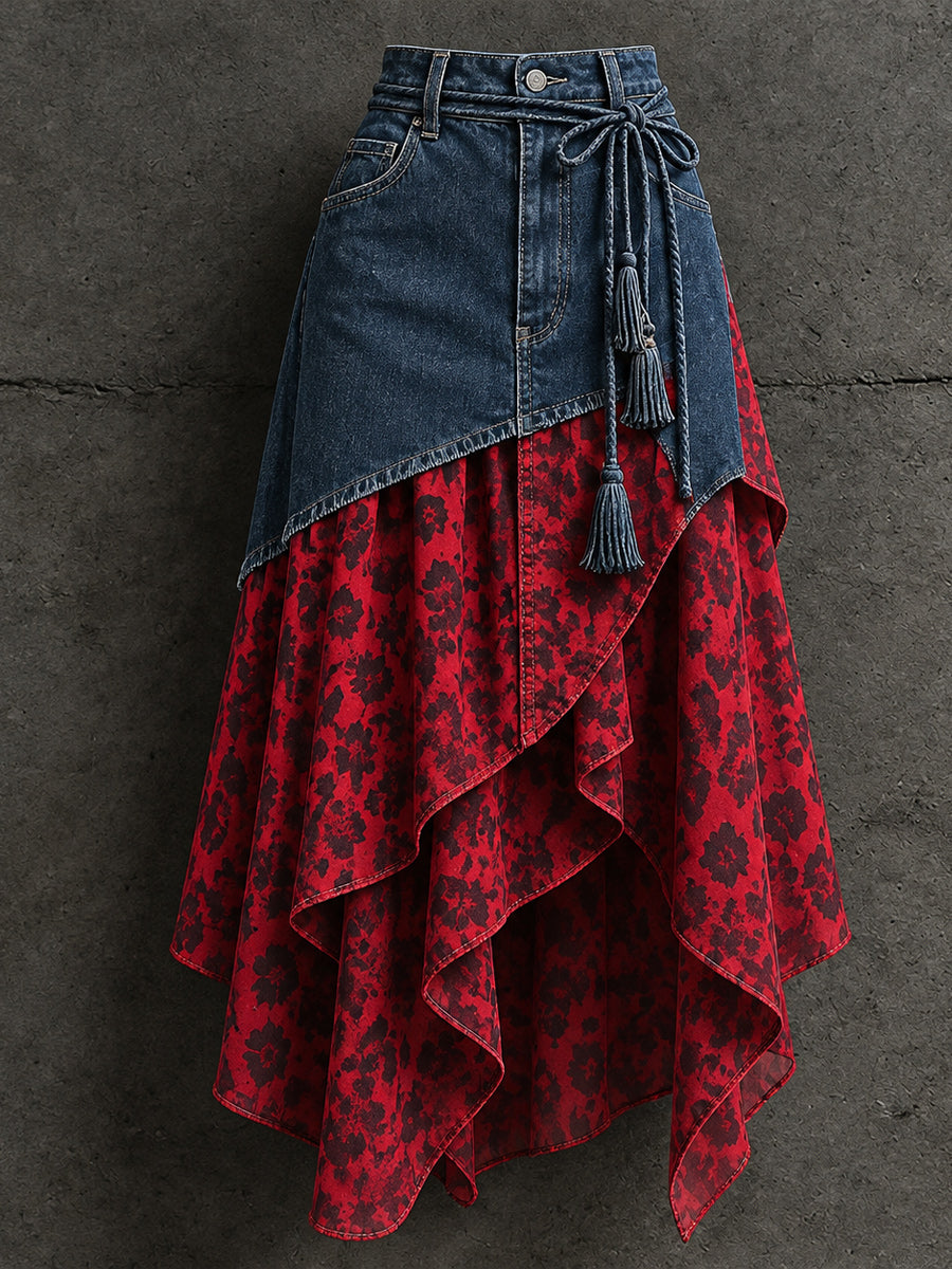 Women's Retro Style Art Print Irregularly Layered Stitched Skirt