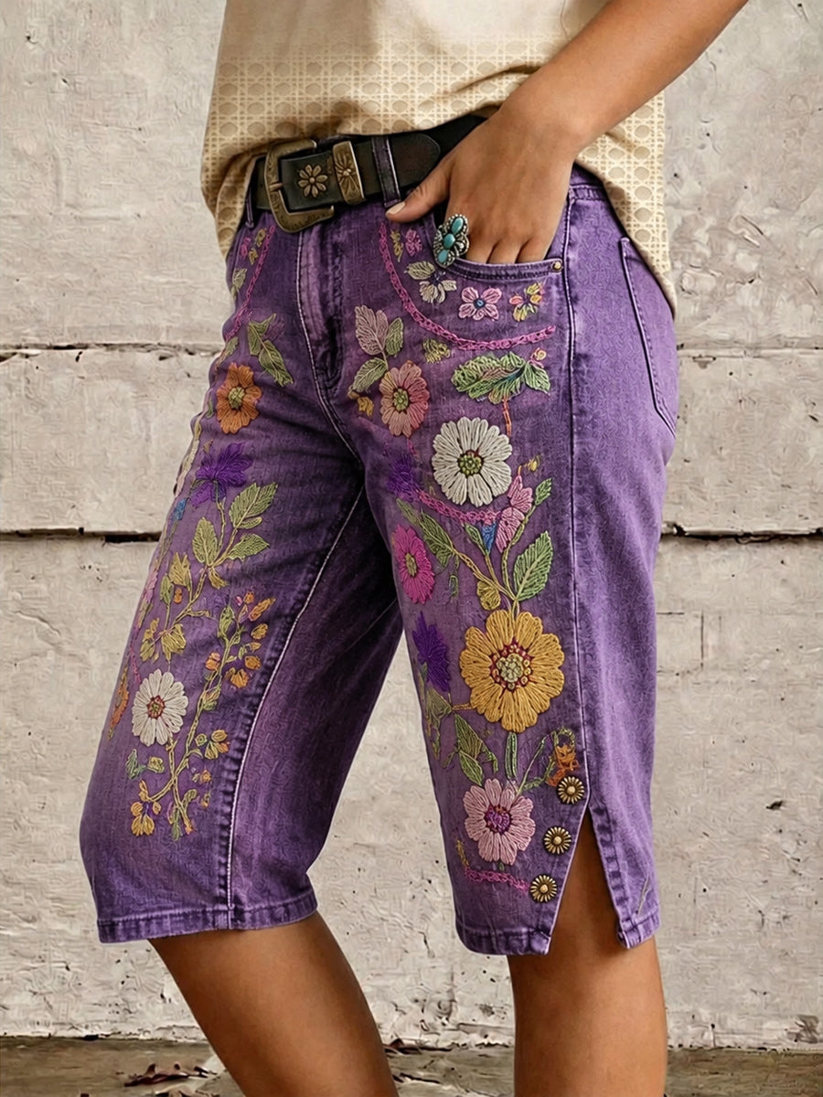 Retro Style Floral Art Print Vintage Casual Denim Shorts
