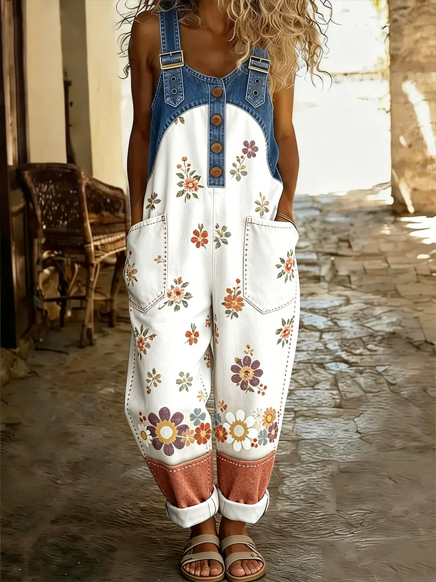Women's Retro Style Art Print Washed Cotton Denim Patchwork Jumpsuit