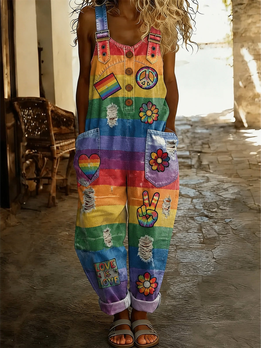 Women's Retro Style Art Print Washed Cotton Denim Patchwork Jumpsuit