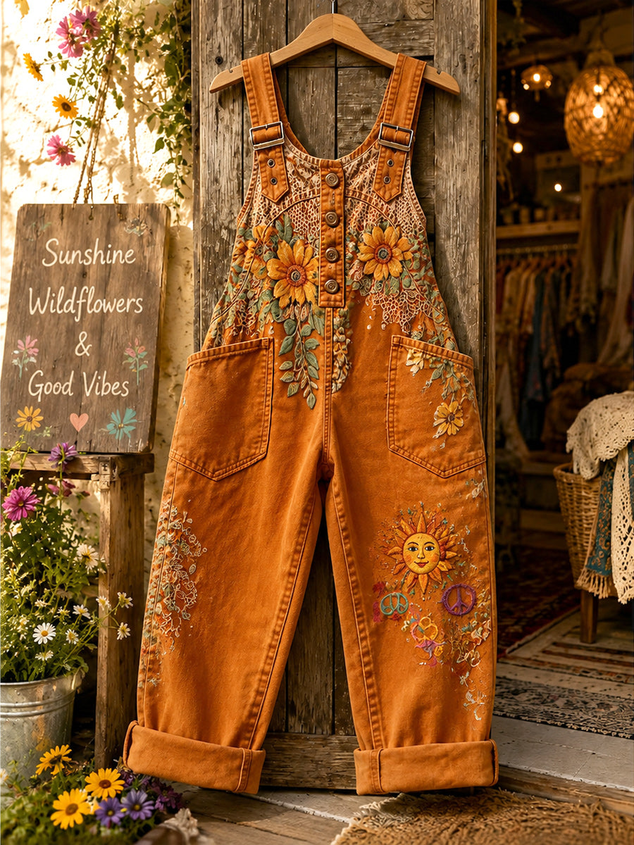 Women's Retro Style Art Print Washed Cotton Denim Patchwork Jumpsuit