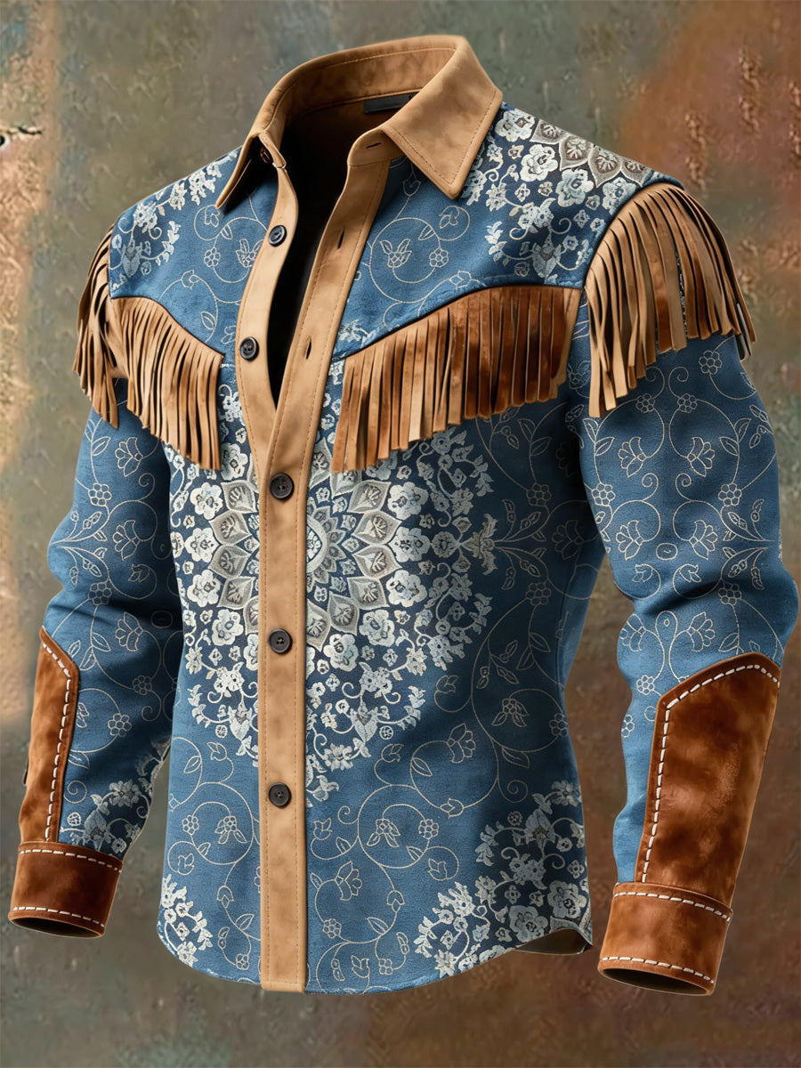Men's Retro Western Style Art Print Vintage Tassel Casual Long Sleeve Shirt