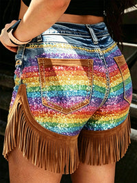 Women's Retro Floral Art Print Casual Leather Fringe Patchwork Pocket Shorts