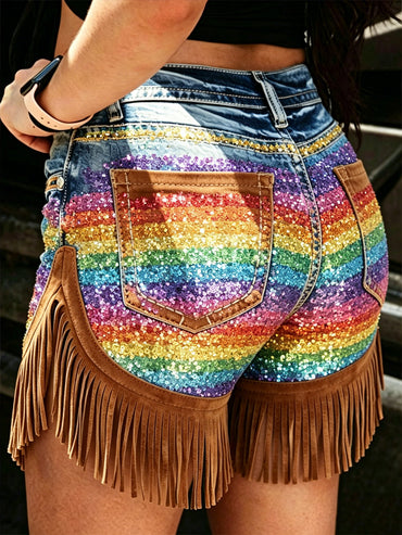 Women's Retro Floral Art Print Casual Leather Fringe Patchwork Pocket Shorts