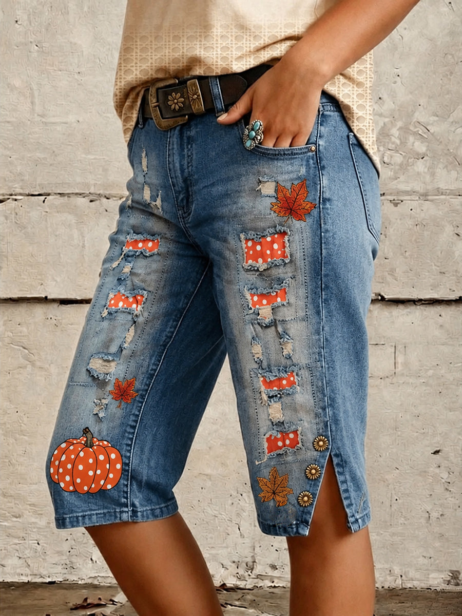 Retro Style Art Print Vintage Casual Denim Short