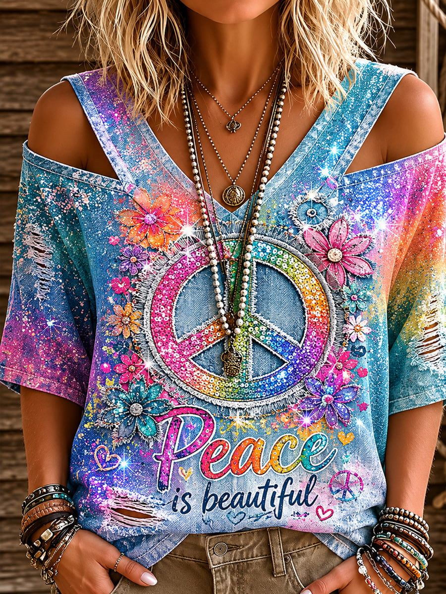 Retro Style Floral Art Distressed Print hollowed Shoulder V-Neck Short Sleeve Top