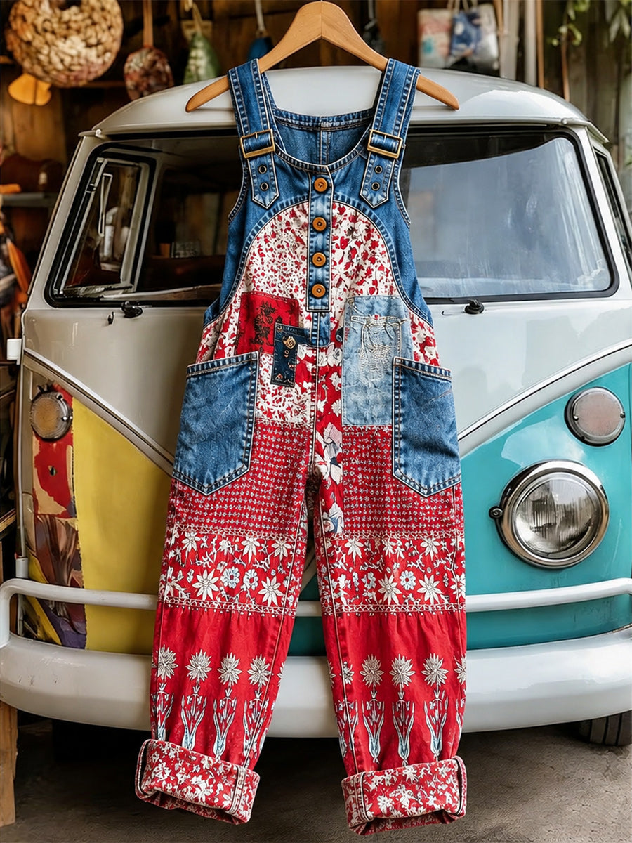 Women's Retro Style Art Print Washed Cotton Denim Patchwork Jumpsuit