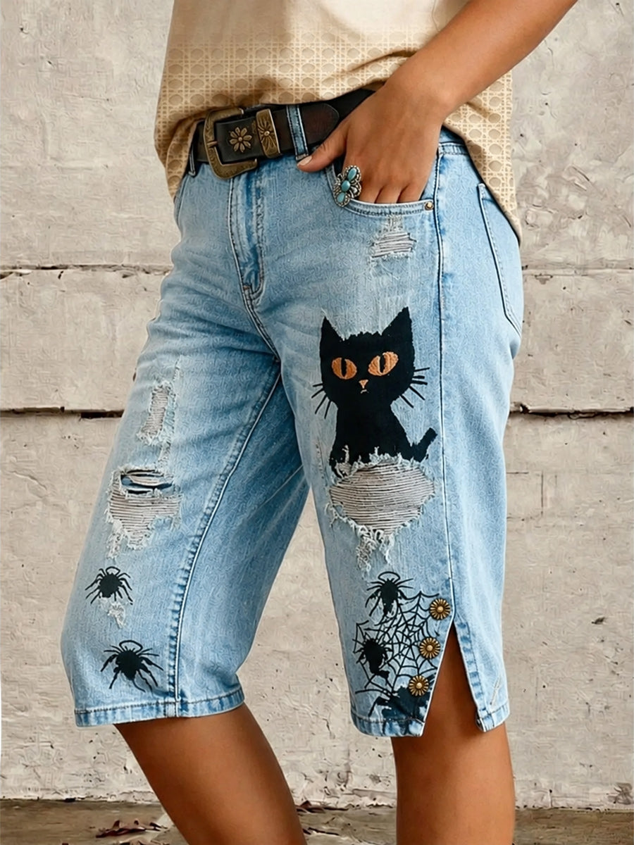 Retro Style Floral Art Print Vintage Casual Denim Shorts
