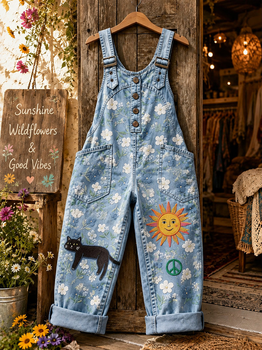 Women's Retro Style Art Print Washed Cotton Denim Patchwork Jumpsuit