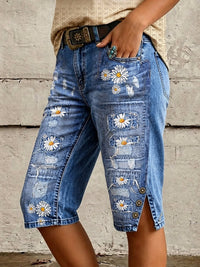 Retro Style Floral Art Print Vintage Casual Denim Shorts